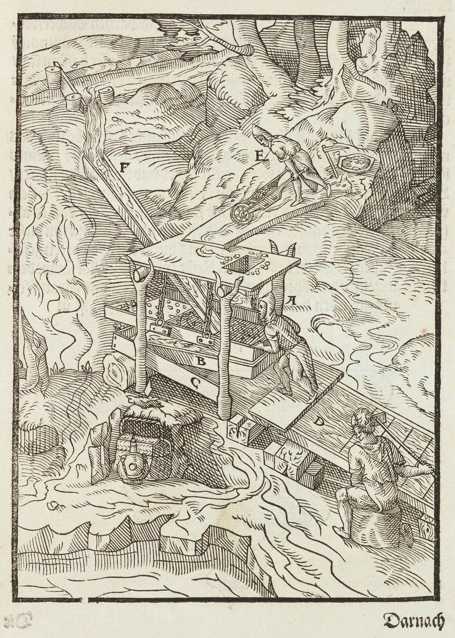 Lavado del mineral de oro - Grabado extraído de Descripción de los minerales y los principales métodos de explotación minera, de Lazarus Ecker de Unbekannt