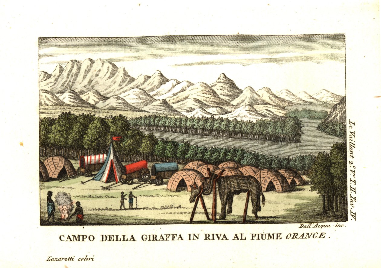 Campamento de Le Vaillant a orillas del río Orange, en Richtersveld. Una piel de jirafa está siendo sometida a taxidermia sobre un bastidor. De François Le Vaillant (Levaillant de Unbekannter Künstler