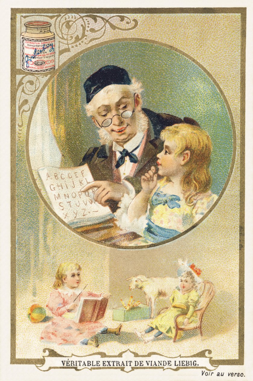 Lectura con abuelo. Cromolitografía publicitaria que representa en un marco circular a una persona mayor, una niña a su lado. En la parte inferior de la imagen, una niña sentada rodeada de juguetes. Editado por Compagnie Liebig, París, finales del siglo XI de Unbekannt