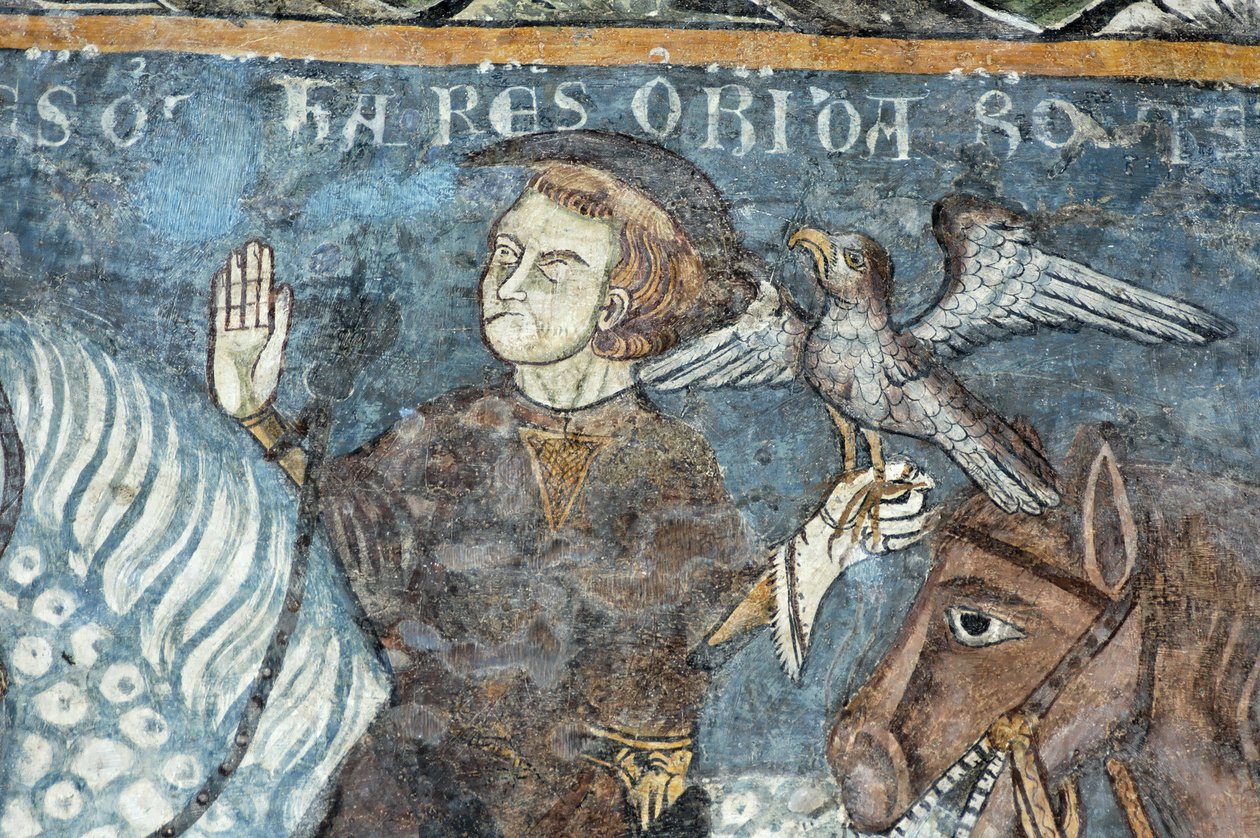 Leyenda de la fundación de la Abadía de Vezzolano: el rey Carlomagno (Carlos I el Grande) (742-814) cazando con halcón. Se decía que tenía el origen de la construcción de la abadía. Fresco del claustro de la Abadía de Vezzolano. Piamonte, Italia. de Unbekannt