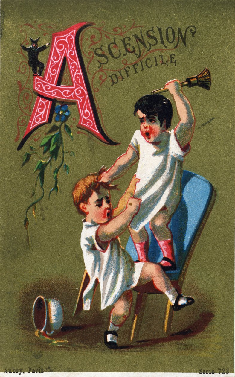 Letra A: Ascenso difícil. Grabado en "Alphabet des grotesques". Serie de 25 cromolitografías publicitarias sobre fondo dorado, finales del siglo XIX. Dim: 11x7 cm. de Unbekannt