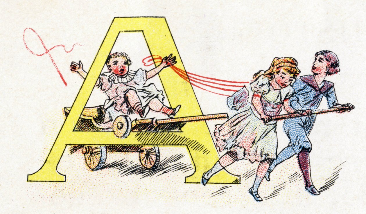 Letra A: Diversión con el enganche. Alfabeto de Phosphatine Falieres. Grabado. Alfabeto Brevete S.G.D.G. por el farmacéutico Pierre Emile Falieres. Ilustraciones en cromolitografía, finales del siglo XIX. 16 páginas de Unbekannt