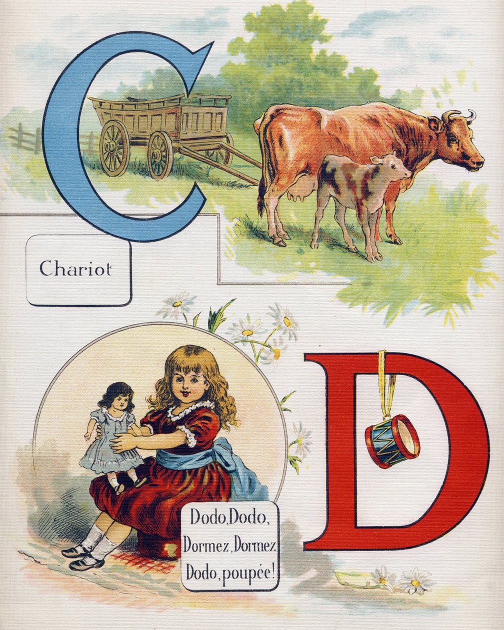 Letra C y D: Carro y durmiendo, durmiendo, durmiendo, durmiendo, muñeca durmiendo. Grabado en "ABC L