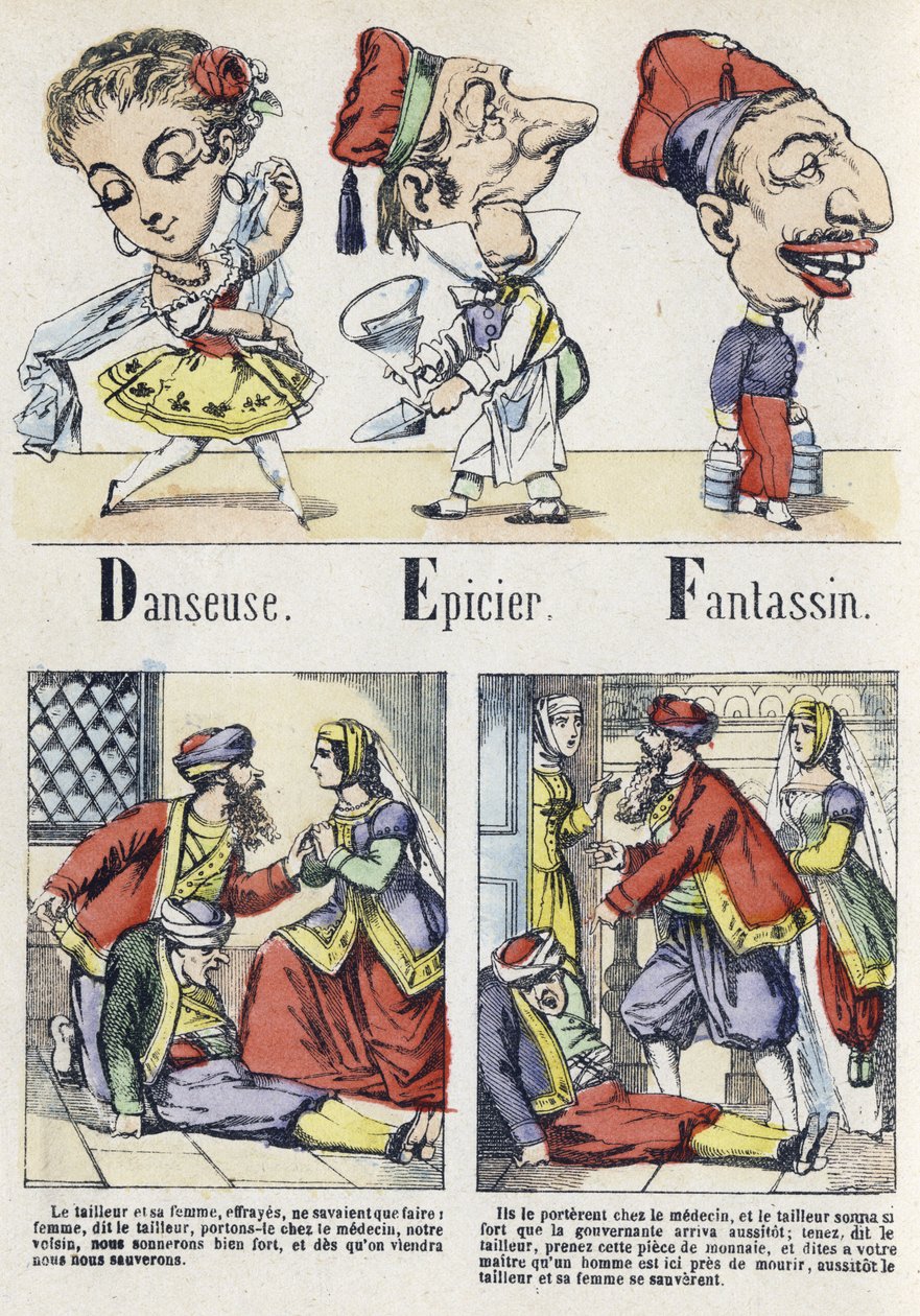 Letras D, E y F: bailarina, tendero e infantería. Alfabeto del Cuento Oriental. Imágenes de Epinal, circa 1890 de Unbekannt