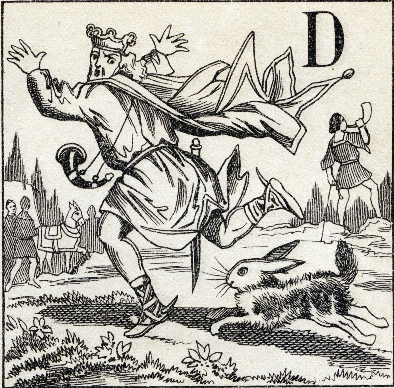 Letra D: Rey Dagoberto perseguido por una liebre. Grabado en "ABC Les Images en Alphabet". Imágenes de Epinal. Pellerin y Cie, impresor-editor, Epinal, finales del siglo XIX, circa 1890. de Unbekannt