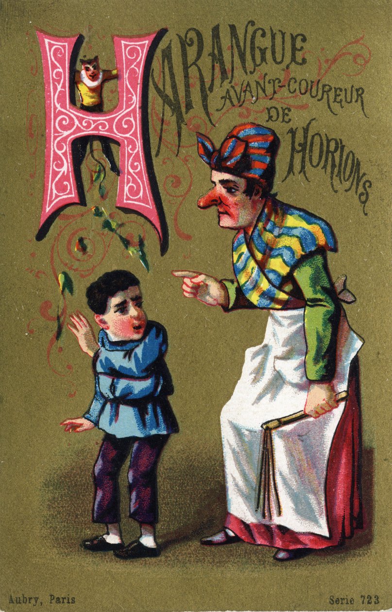 Letra H: Arenga antes del corredor de horion. Grabado en "Alphabet des grotesques". Serie de 25 cromolitografías publicitarias sobre fondo dorado, finales del siglo XIX. Dim: 11x7 cm. de Unbekannt