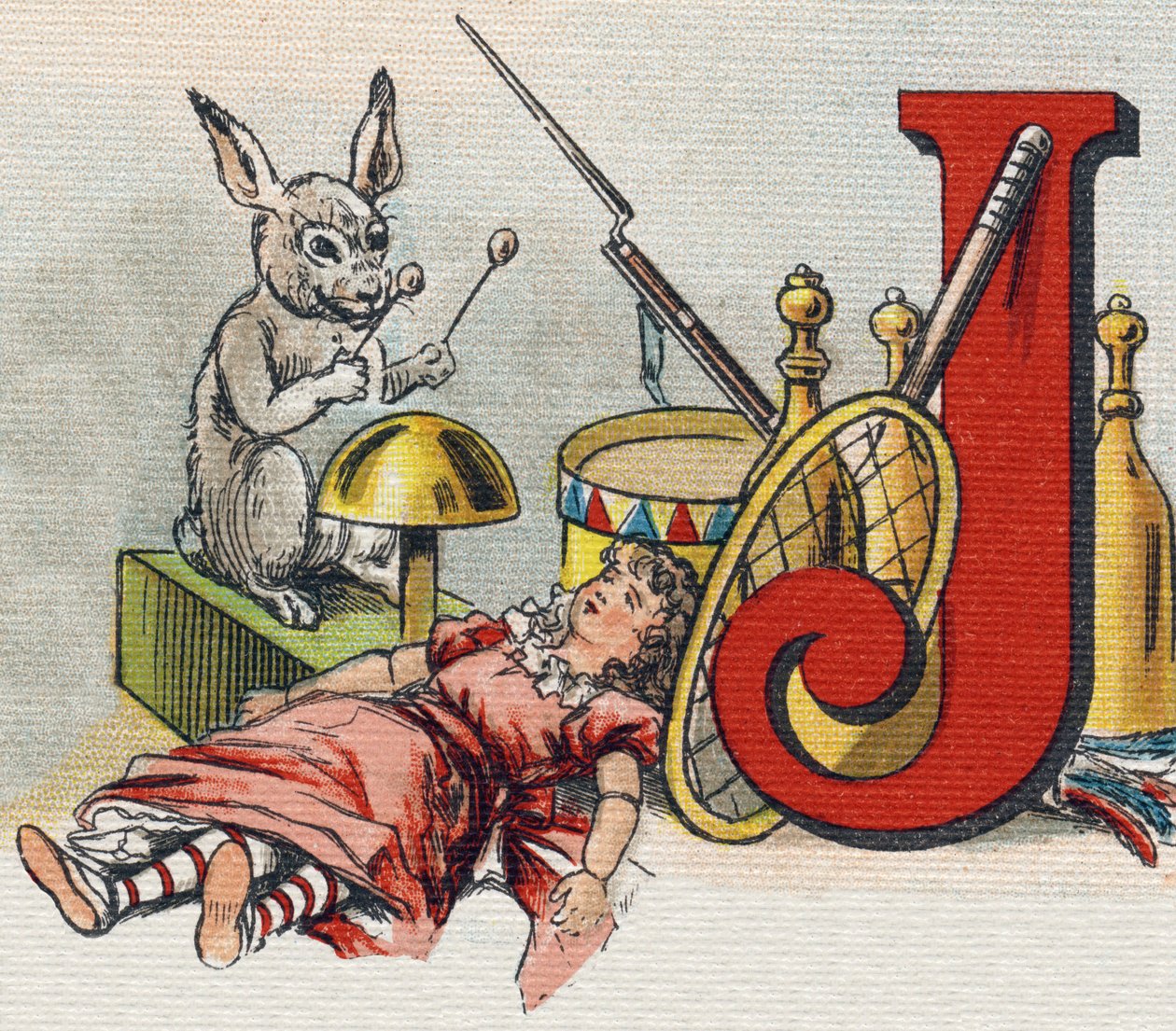 Letra J: juguetes. Grabado en "Alfabeto de mi pequeña hija". Bernardin-Bechet y Fils, libreros-editores, París, alrededor de 1895. Álbum irrompible en lienzo. Biblioteca de Bebés. 12 páginas. Álbum que contiene un método de lectura y un abecedario ilustrad de Unbekannt