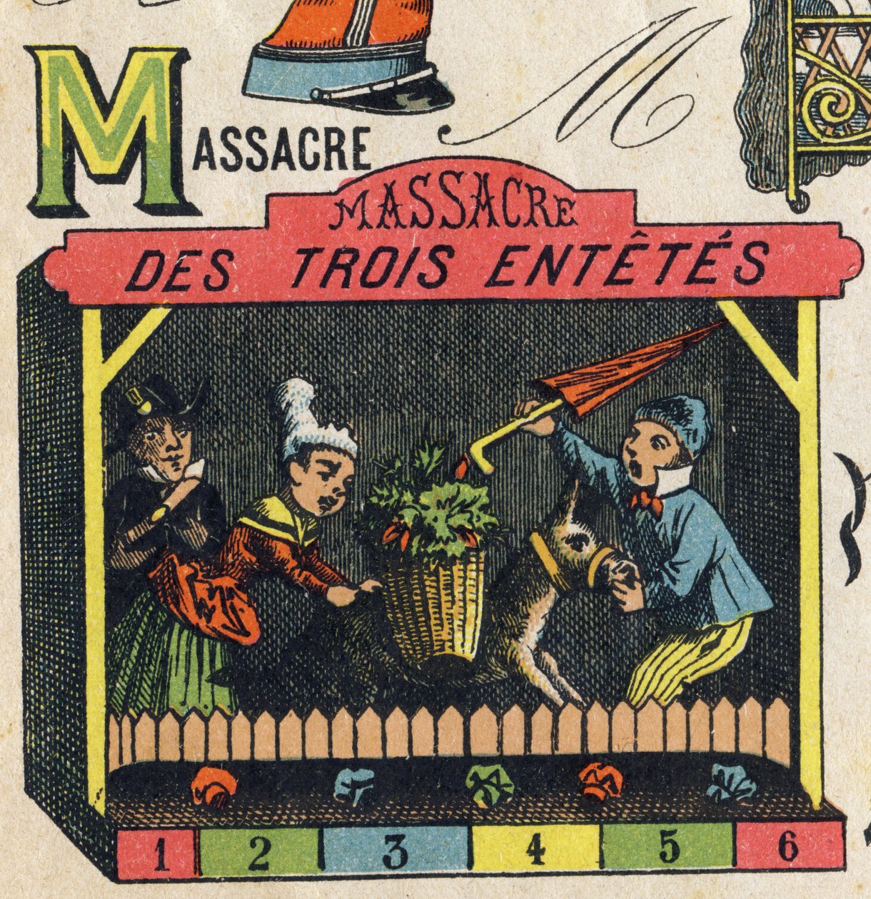 Letra M. Grabado en "Juguetes ABC". Imágenes de Epinal en cromolitografía, circa 1890 de Unbekannt