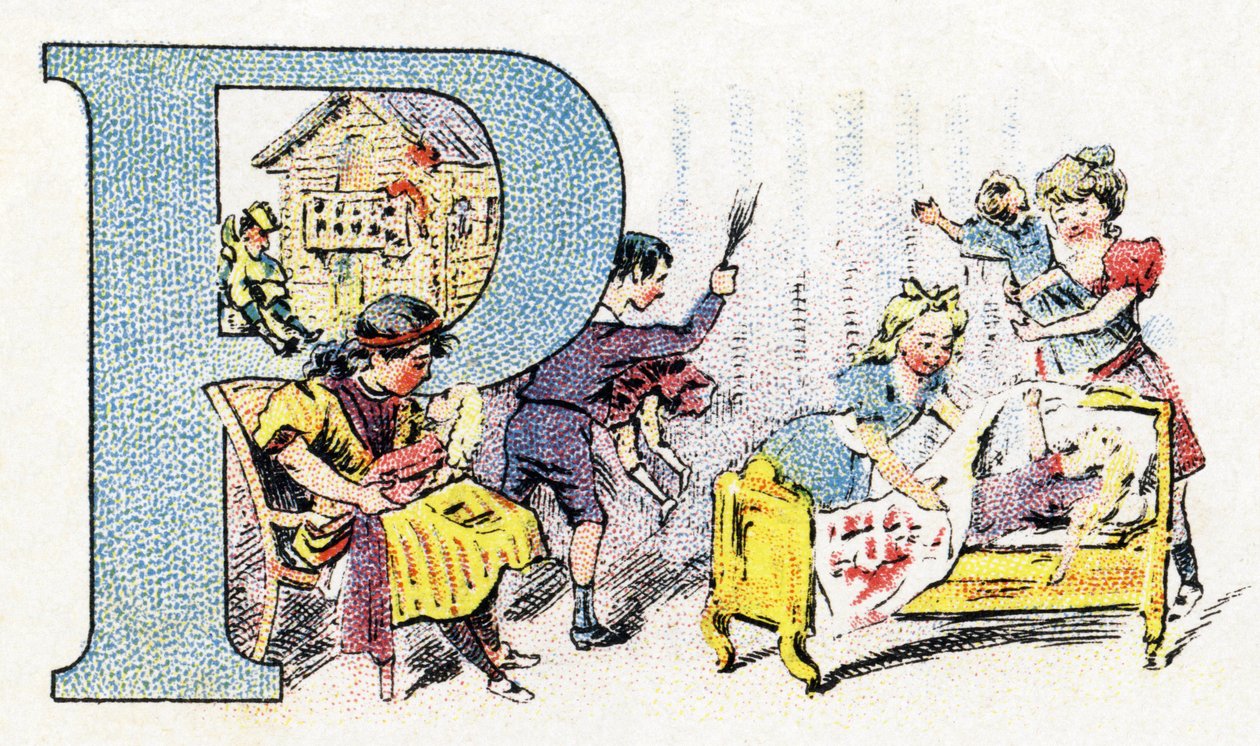Letra P: Muñeca Polichinela. Alfabeto de Phosphatine Falieres. Grabado. Alfabeto Brevete S.G.D.G. por el farmacéutico Pierre Emile Falieres. Ilustraciones en cromolitografía, finales del siglo XIX. 16 páginas. de Unbekannt