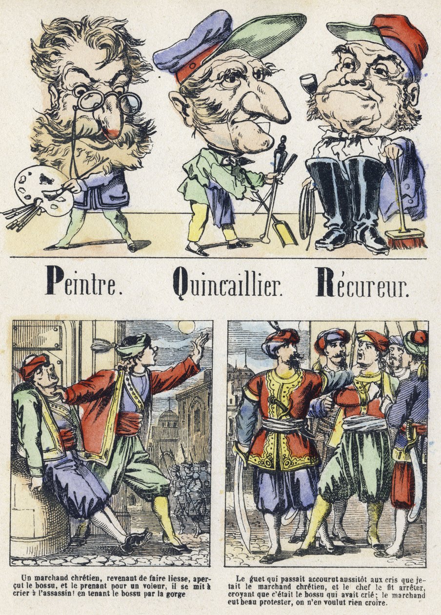 Letras P, Q y R: pintor, ferretería y recuperador. Alfabeto del Cuento Oriental. Imágenes de Epinal, circa 1890 de Unbekannt