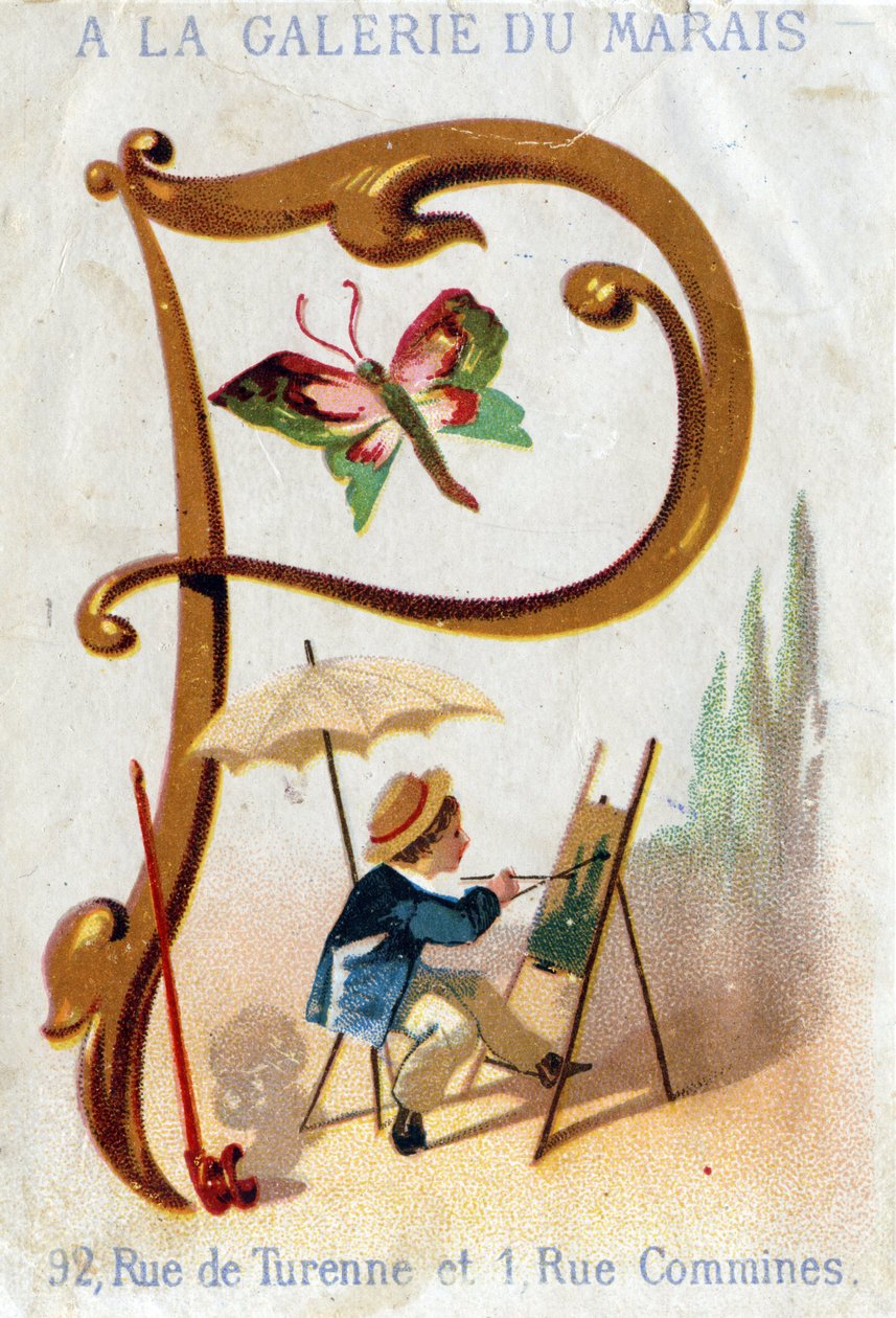Letra P: pintor, mariposa, sombrilla, pipa. Alfabeto Art Nouveau: Serie de 25 cromolitografías publicitarias. Litografía de Alfred Clarey, finales del siglo XIX. Dim 115x75mm de Unbekannter Künstler