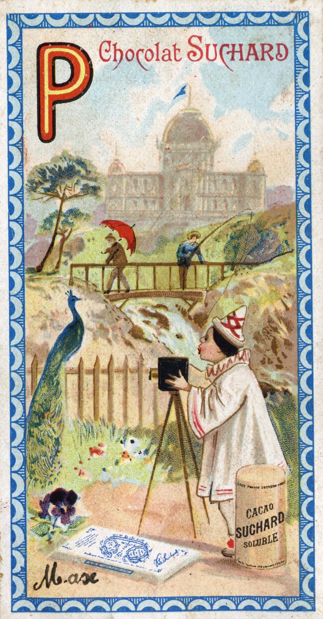 Letra P: palacio, pabellón, paraguas, fotógrafo, puente, pesca, pavo real, pensamiento. Grabado del Alfabeto editado por Chocolat Suchard, principios del siglo XX. 24 cromolitografías que representan lugares, personajes y objetos para descubrir en la image de Unbekannt