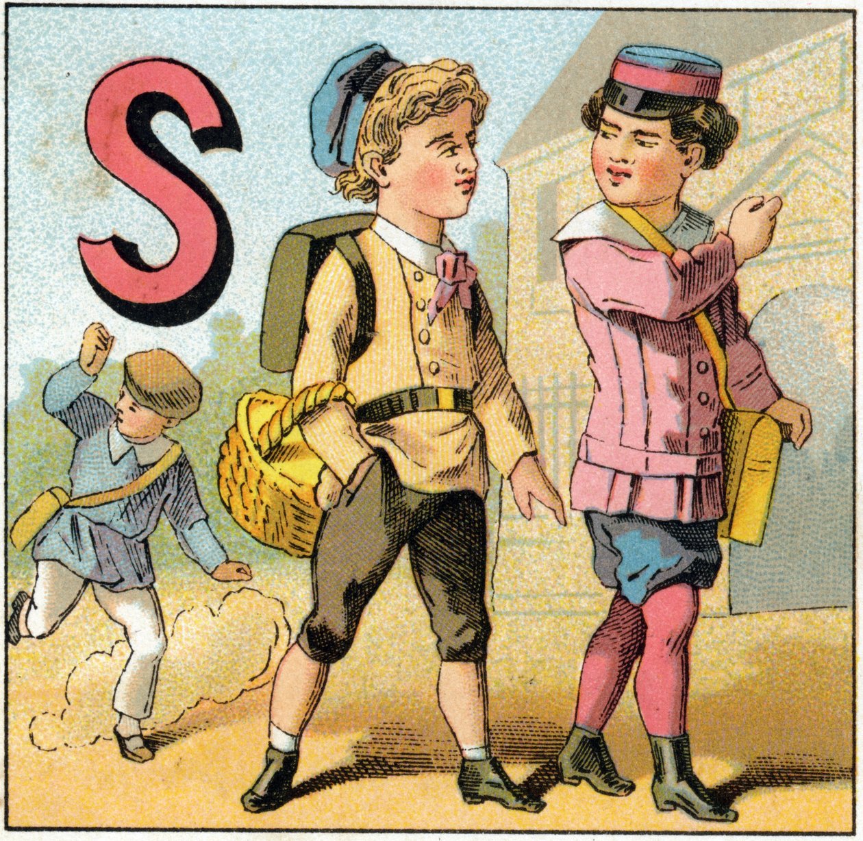 Letra S como salida de la escuela. Grabado en Alfabeto de los pequeños escolares. Imágenes de Epinal, circa 1885. Colección privada de Unbekannt