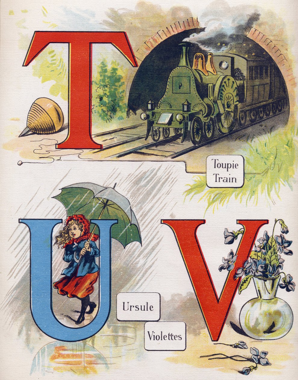Letra T, U y V: trompo, tren, úrsula y violeta. Grabado en "ABC L