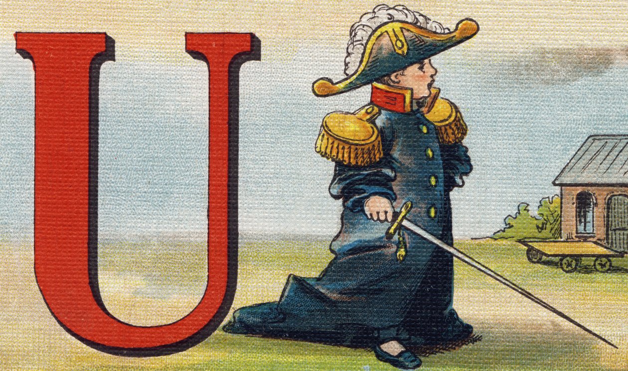 Letra U: uniforme. Grabado en "Alphabet de ma petite fille". Bernardin-Bechet y Fils, libreros-editores, París, alrededor de 1895. Álbum irrompible sobre lienzo. Bibliothèque des Bébés. 12 páginas. Álbum que contiene un método de lectura y un abecedario il de Unbekannt