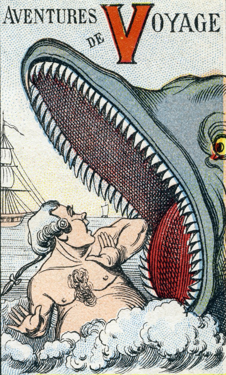 Letra V: Aventuras de viaje. Grabado en "ABC Les Images en Alphabet". Imágenes de Epinal. Pellerin y Cie, impresor-editor, Epinal, finales del siglo XIX, circa 1890. de Unbekannt