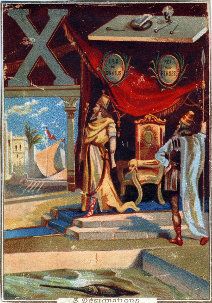 Letra X: Jerjes I; xilografía; xiphias. Alfabeto. En cada imagen, hay una serie de palabras ilustres cuyas representaciones están escenificadas. Cromolitografías de Litografía Parisina, circa 1890 de Unbekannt