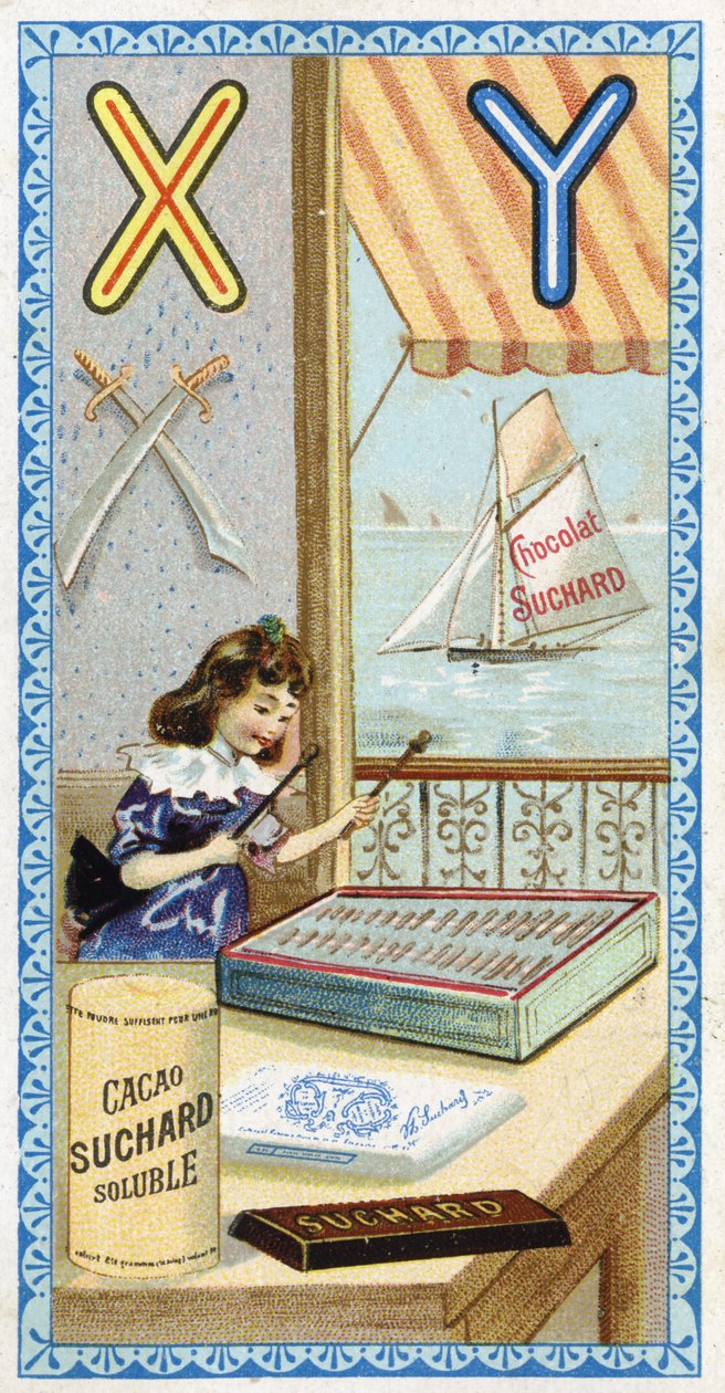 Letra X: xilofonista y Y: yatagán, yate. Grabado del Alfabeto editado por Chocolat Suchard, principios del siglo XX. 24 cromolitografías que representan lugares, personajes y objetos para descubrir en la imagen. Dim: 105x55mm de Unbekannt