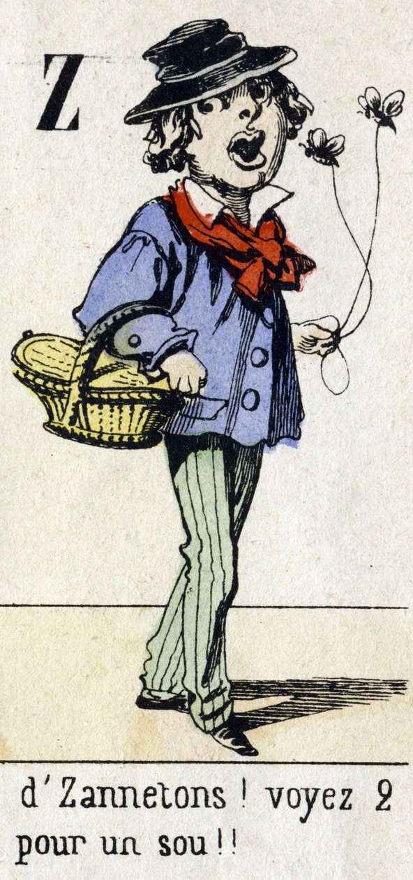 Letra Z: "¡por Zannetons! ¡Vea 2 por un centavo!" Alfabeto "Diversión infantil". Imágenes de Epinal, circa 1890. Serie popular. Pequeño folleto de 8 páginas. Grabados en madera con esténcil sobre el tema de los pequeños oficios callejeros y los gritos de P de Unbekannt
