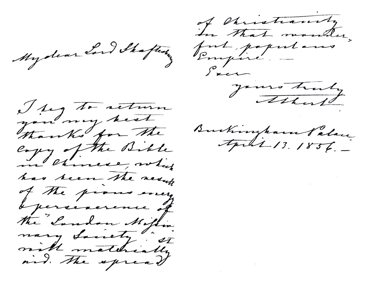 Carta de Alberto, Príncipe Consorte, a Anthony Ashley-Cooper, Conde de Shaftesbury, agradeciéndole por una copia de la Biblia en chino, escrita desde el Palacio de Buckingham de Unbekannt