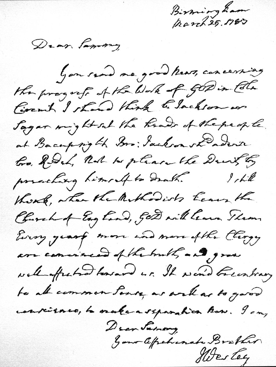 Carta de John Wesley a Samuel Bradburn, expresando su fuerte opinión de que los metodistas no deberían dejar la Iglesia de Inglaterra, escrita en Birmingham, 25 de marzo de Unbekannt