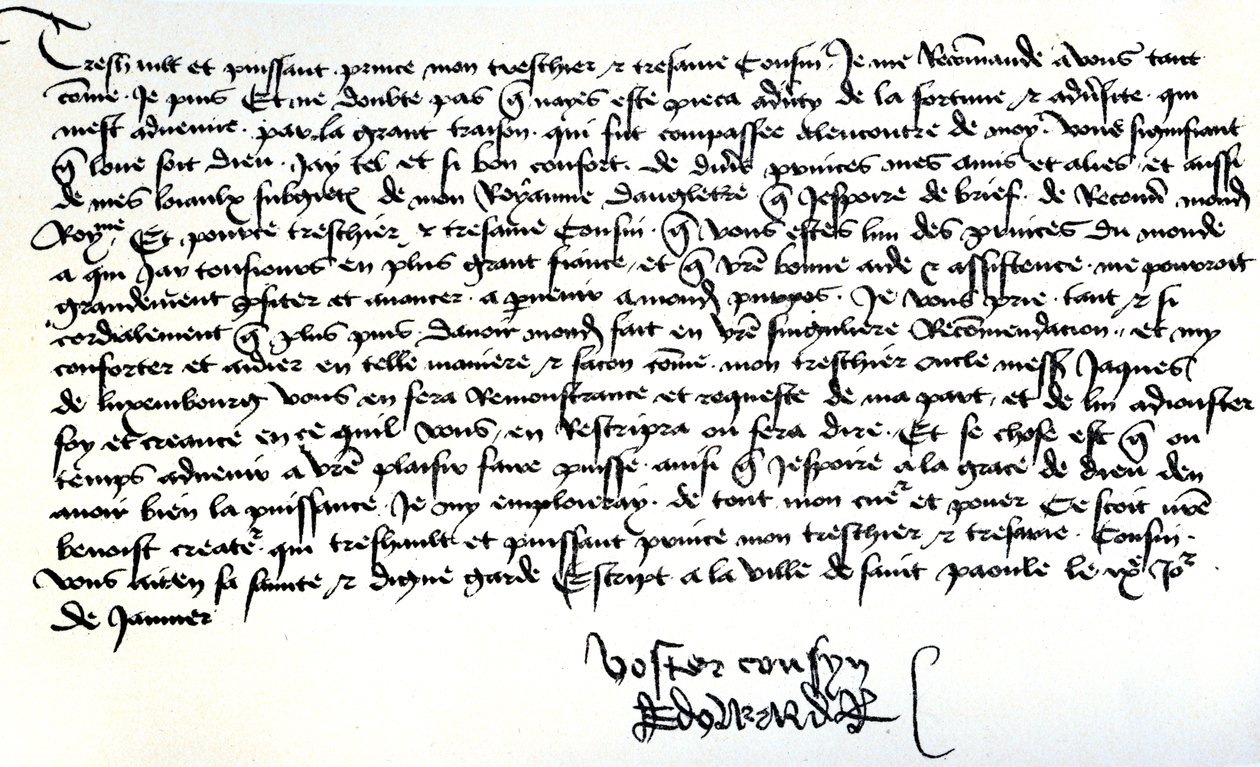 Carta del Rey Eduardo IV a Francisco II, Duque de Bretaña, pidiendo ayuda para la recuperación de su reino, escrita en Saint-Pol, 9 de enero de Unbekannt