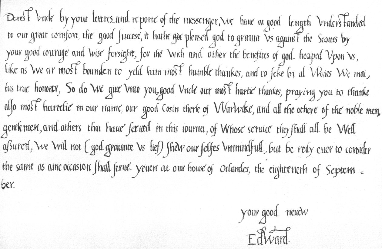 Carta del Rey Eduardo VI a la edad de 9 años a su tío, Edward Seymour, felicitándolo por la victoria sobre los escoceses en la batalla de Pinkie el 10 de septiembre de Unbekannt