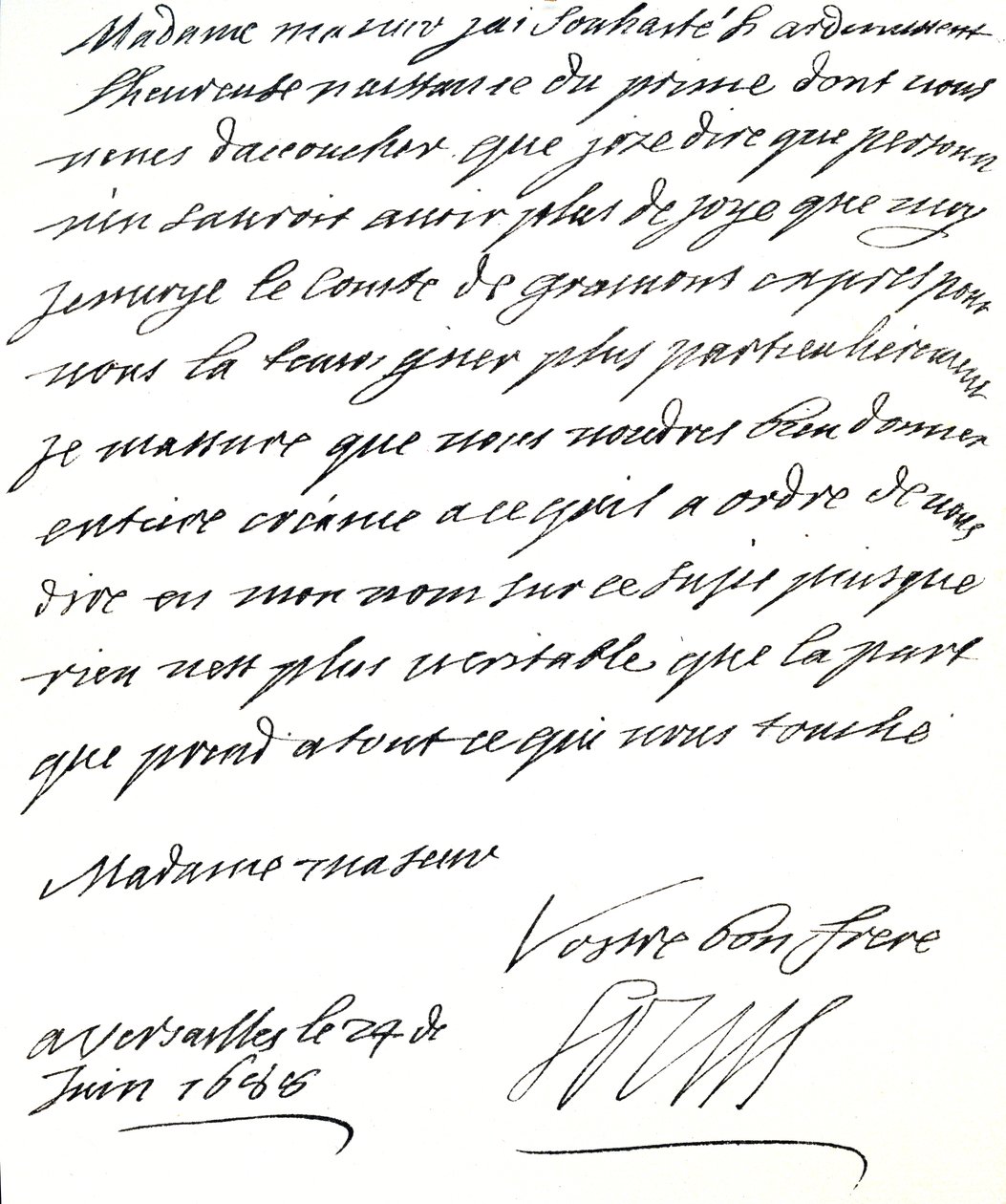 Carta de Luis XIV a María de Módena, felicitándola por el nacimiento de un príncipe, James Edward, Príncipe de Gales de Unbekannt