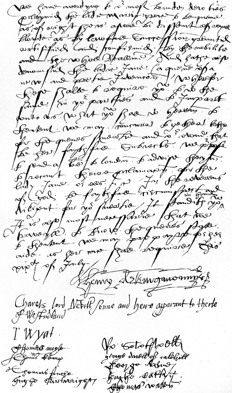 Carta de los partidarios de la Reina María I en Kent a Sir Nicholas Pelham y los caballeros de Sussex, anunciando la proclamación de Lady Mary como Reina y denunciando a Lady Jane Grey de Unbekannt