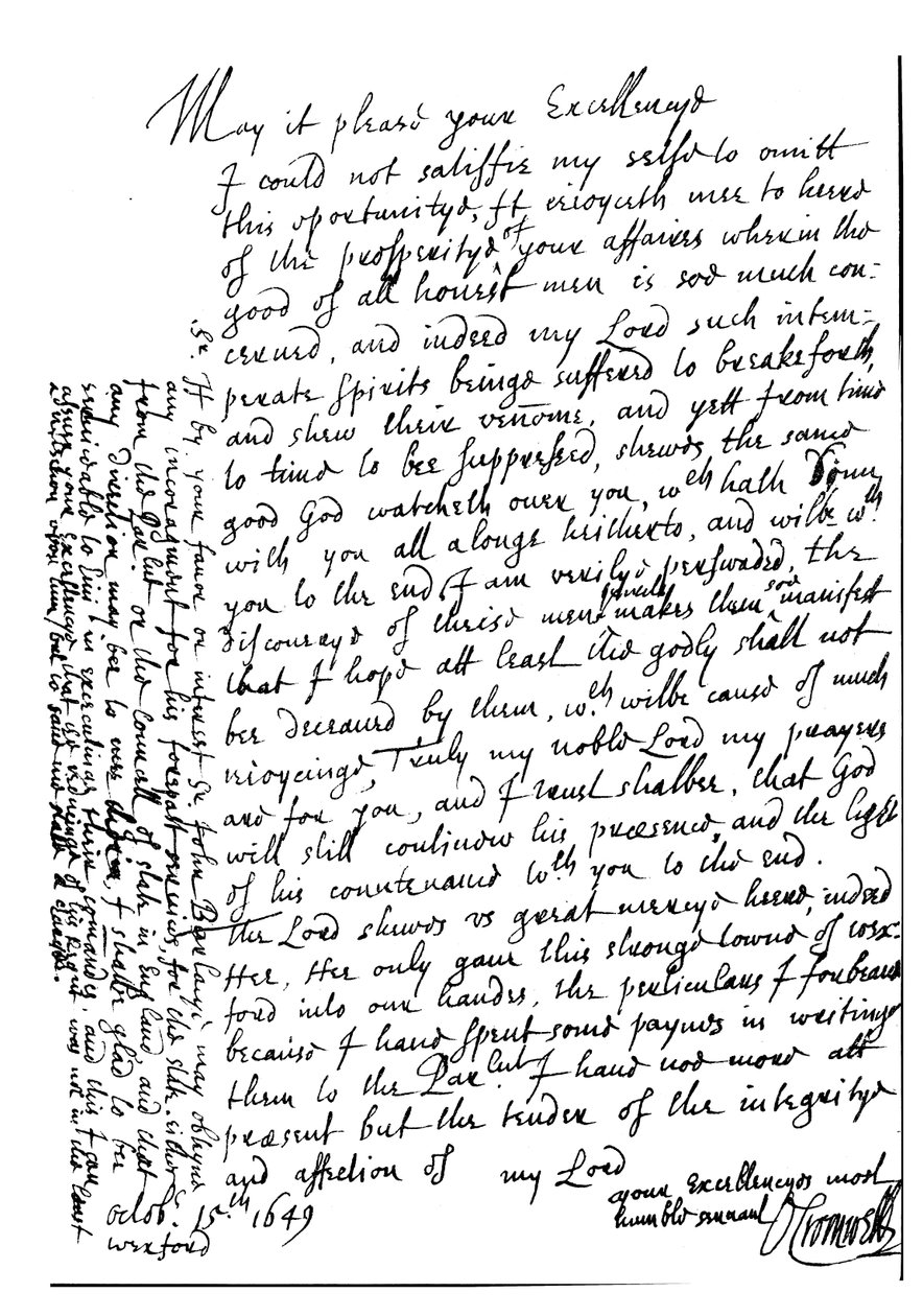 Carta escrita por Oliver Cromwell a Lord Fairfax para felicitarlo por su prosperidad y anunciar la captura de Wexford, Irlanda de Unbekannt