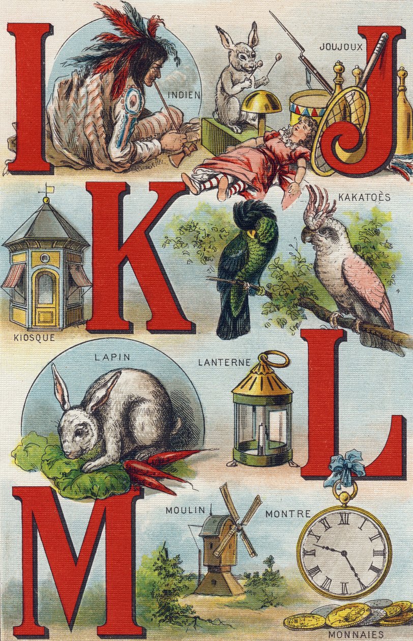 Letras I J K L; Indio; Joujoux; Cacatúas; Kiosco; Linterna; Conejo; Reloj Monedas; Molino. Grabado en "Alphabet de ma petite fille". Bernardin-Bechet y Fils, libreros-editores, París, alrededor de 1895. Álbum irrompible en lienzo. Bibliothèque des Bébés. 1 de Unbekannt