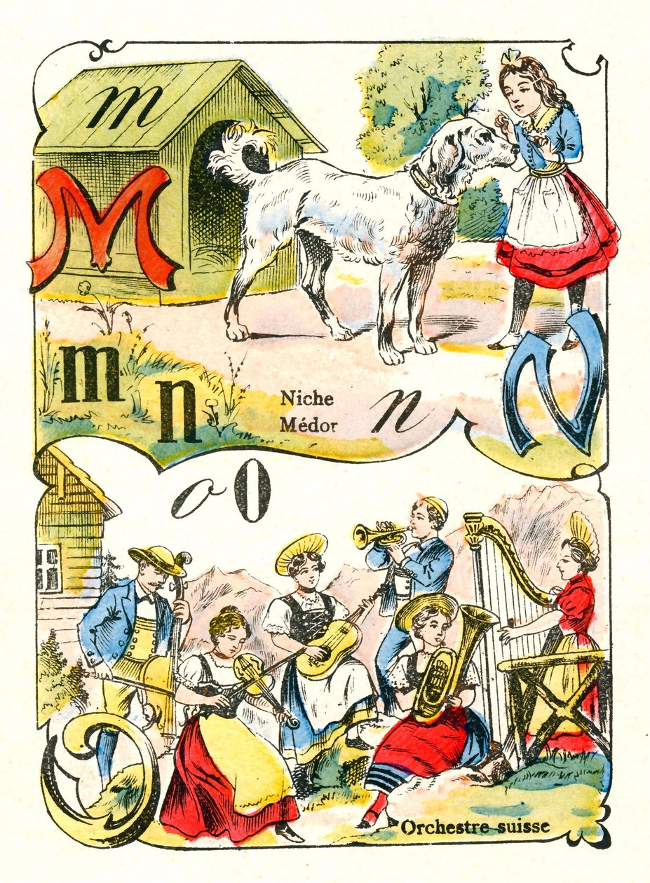 Letras M N y O como Medor, Nicho y Orquesta Suiza. Grabado en "Fun Alphabet". Imágenes de Pont-a-Mousson. Impresión y publicación Louis Vagne, finales del siglo XIX. de Unbekannt