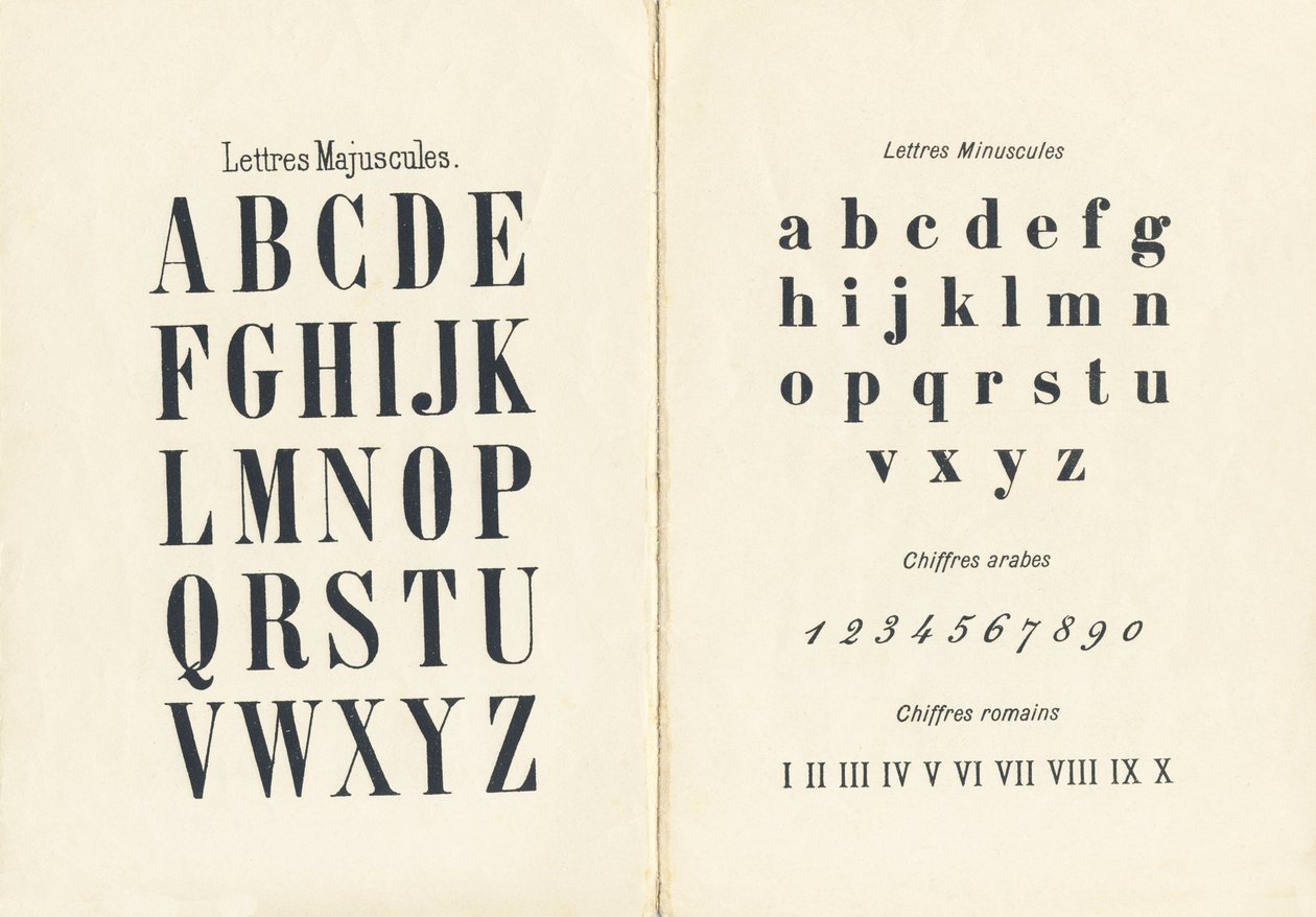 Letras mayúsculas, minúsculas, cifras árabes y romanas - Grabado extraído de ABCD de las niñas. Pellerin & Cie, impresor-editor, Épinal, hacia 1890. Serie A. de Unbekannt