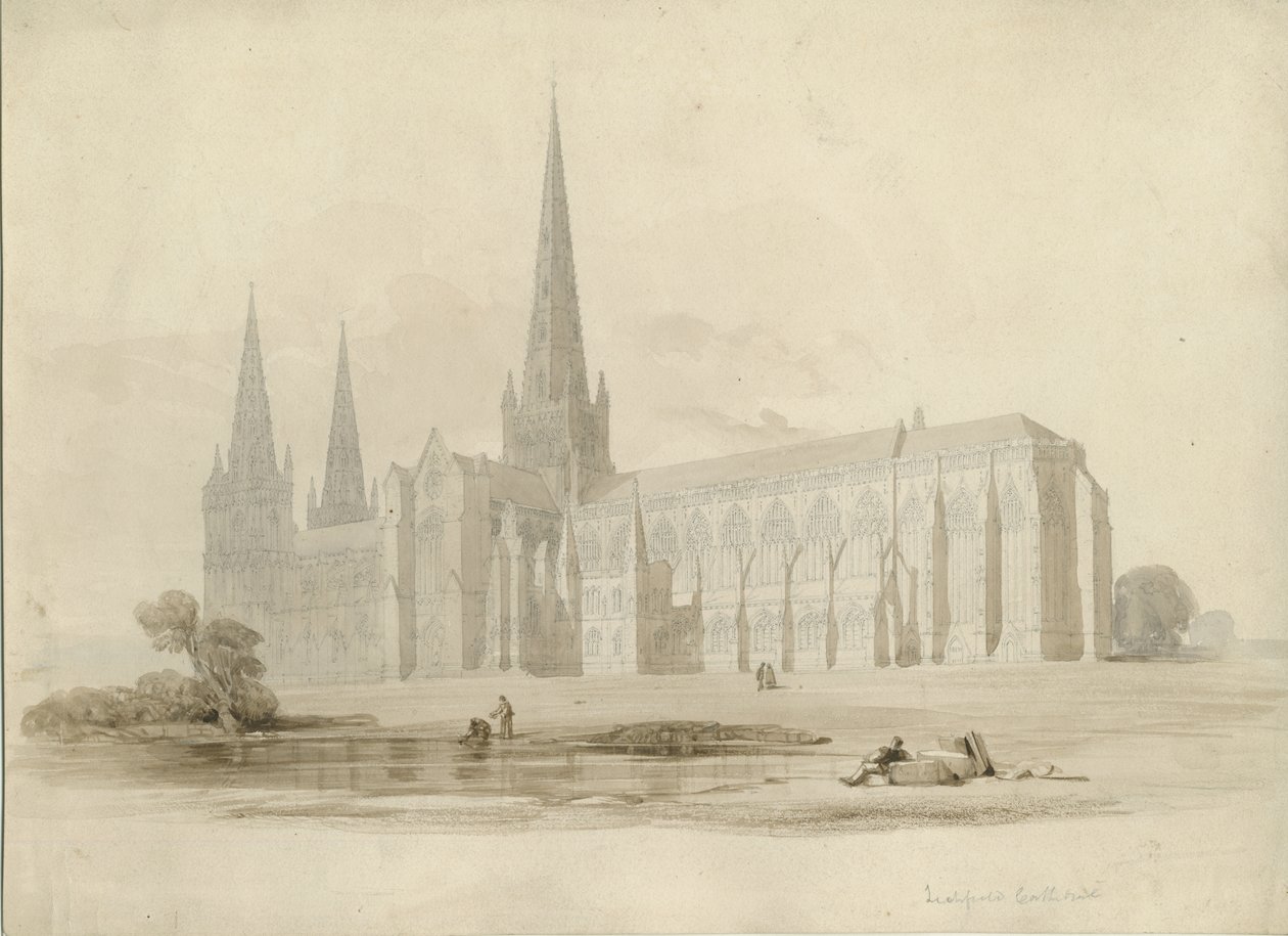 Catedral de Lichfield - Vista sureste: dibujo y lavado, nd [?siglo XIX] de Unbekannt
