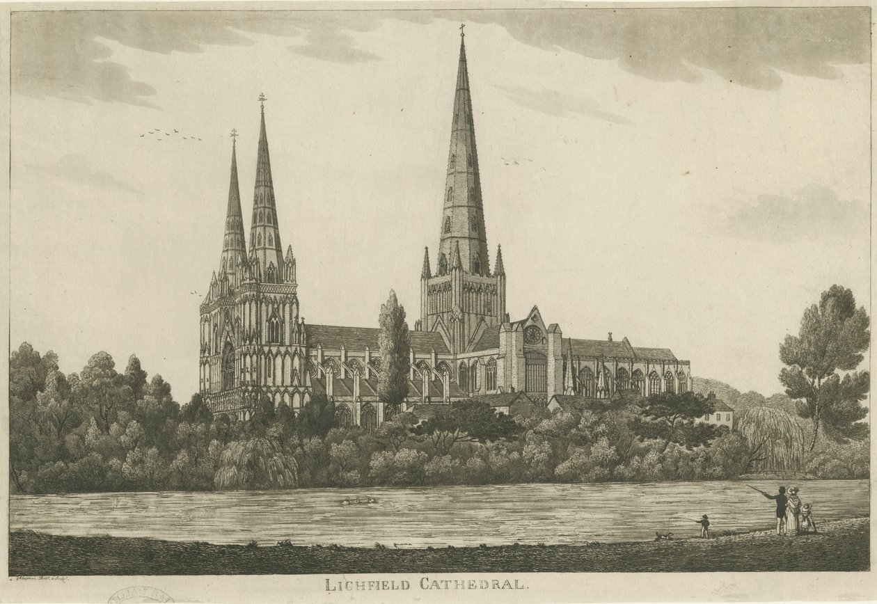 Catedral de Lichfield - Vista Sur: grabado a la aguatinta, nd [c 1820-1830] de Unbekannt