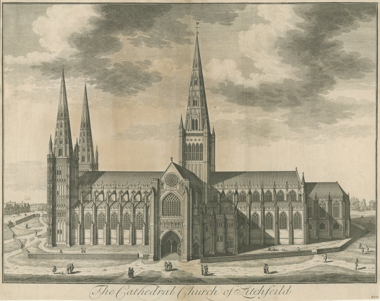Catedral de Lichfield - Vista Sur: grabado, nd [c 1730] de Unbekannt
