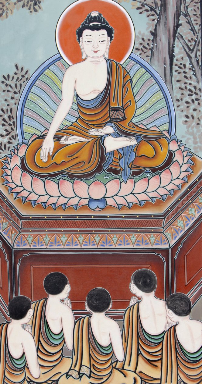Vida del Buda: Como Buda, un ser despierto, regresó para enseñar a sus cinco compañeros practicantes la Noble Verdad del Sufrimiento, la Noble Verdad de la Causa (Deseo), la Noble Verdad de la Cesación y el Noble Camino Óctuple que conduce a la cesación de Unbekannt