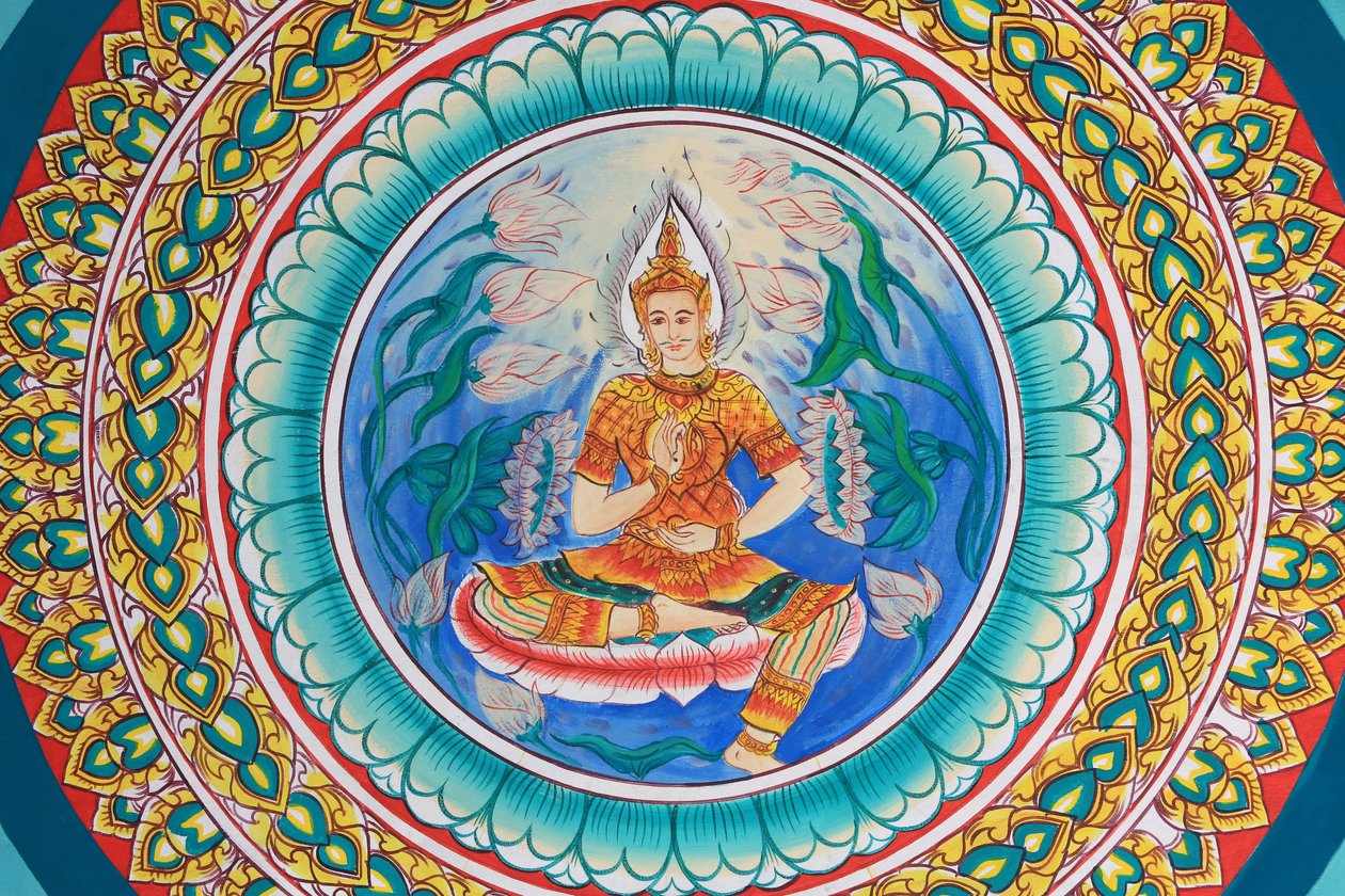 Vida de Buda. Obra de arte en el techo que representa la vida de Buda. Wat Inpeng. Vientiane, Laos de Unbekannt