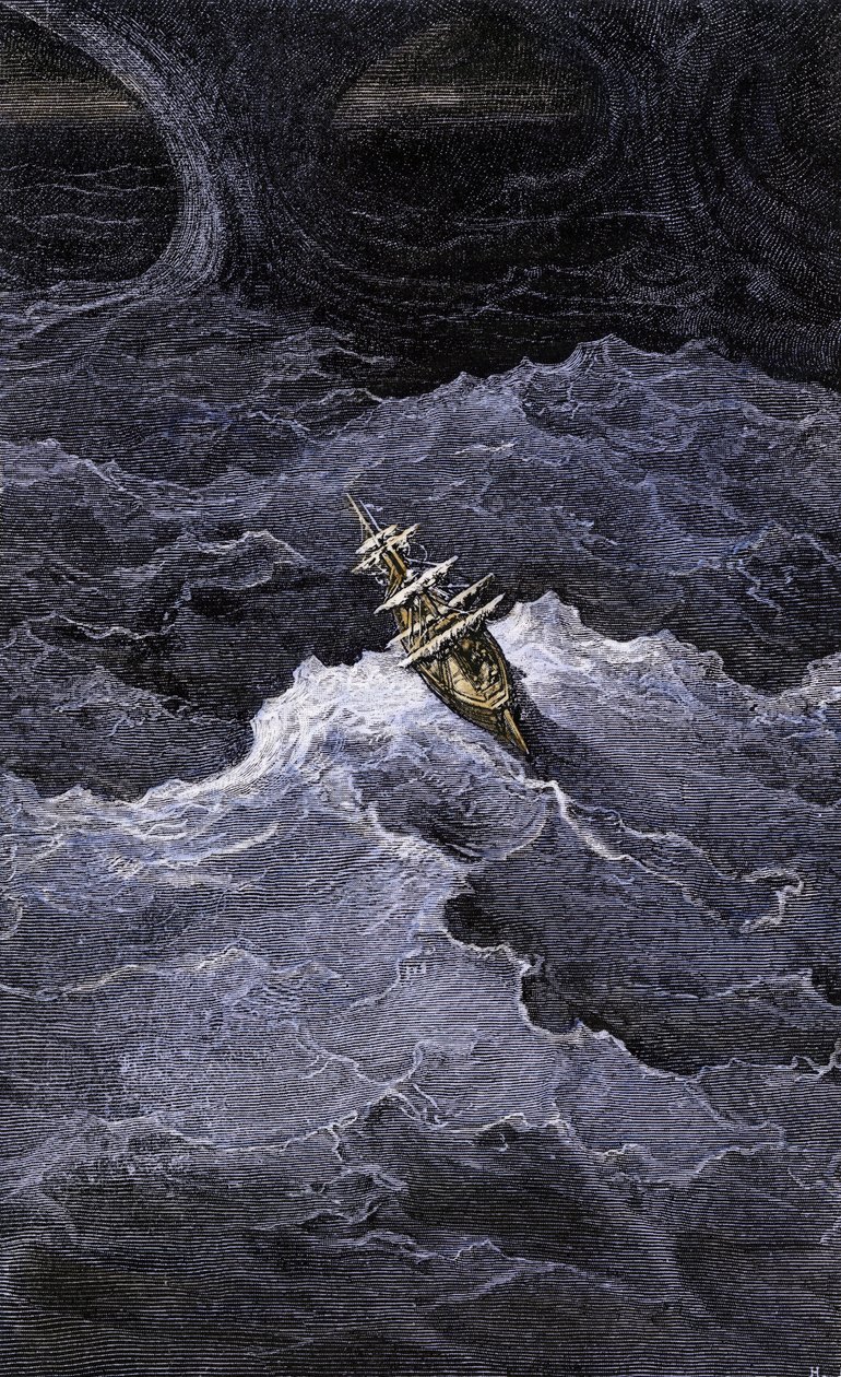 Literatura: Barco en medio del mar. Ilustración de la novela de Samuel Taylor Coleridge (1772-1834) "Rime of the Ancient Mariner". Grabado en color según una ilustración de Gustave Dore. de Unbekannter Künstler