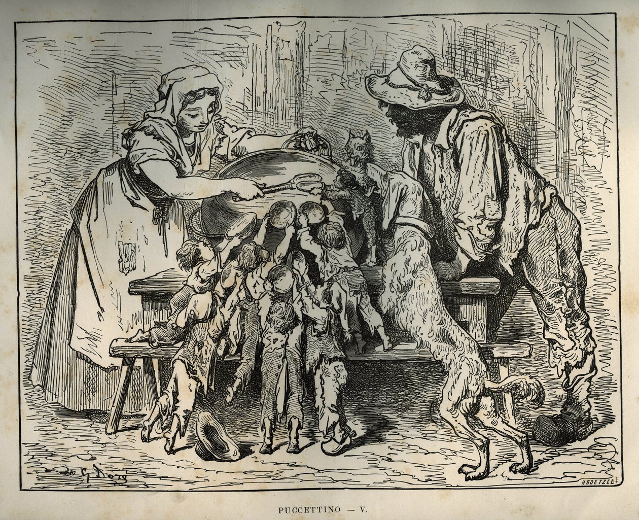 El pequeño Poulet y sus hermanos hambrientos. Grabado de Gustave Doré (1832-1883) de Les contes de Charles Perrault (1628-1703) de Unbekannt