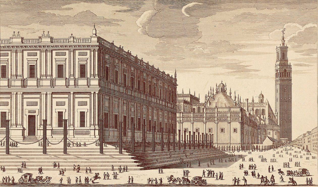 Lonja de Comercio y vista parcial de la Catedral de Sevilla. Grabado. ESPAÑA. MADRID (COMUNIDAD AUTÓNOMA). Madrid. Biblioteca Nacional de Unbekannter Künstler
