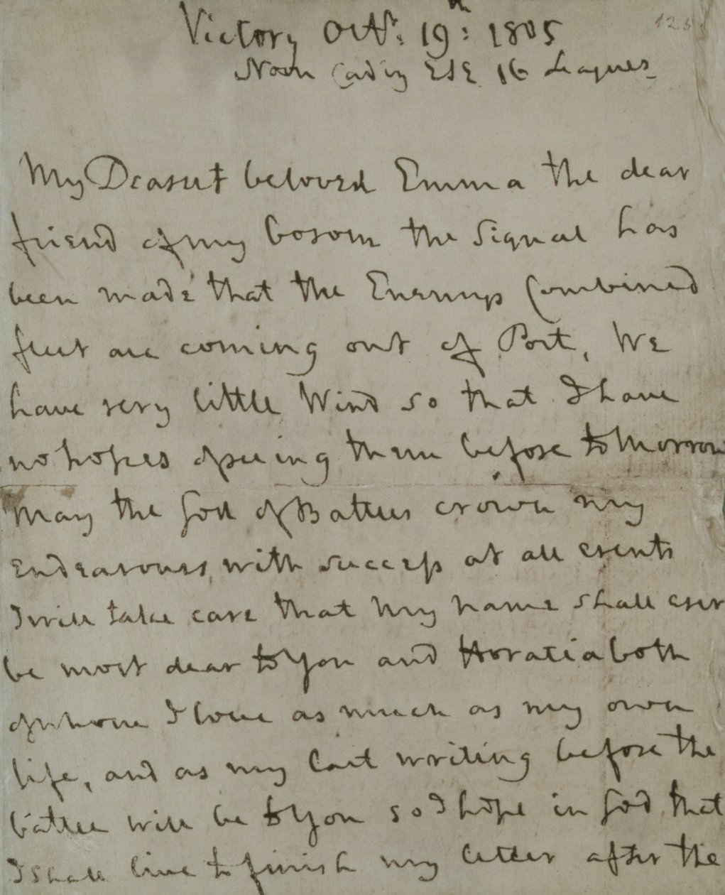 Última carta de Lord Nelson (1758-1805) a Emma Hamilton, escrita desde el 