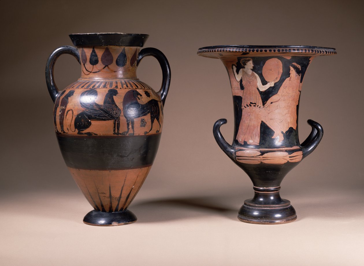 Anfora de figuras negras orientalizantes, griega, siglo VI a.C.; crátera de cáliz de figuras rojas, griega, sur de Italia, siglo IV a.C. de Unbekannt