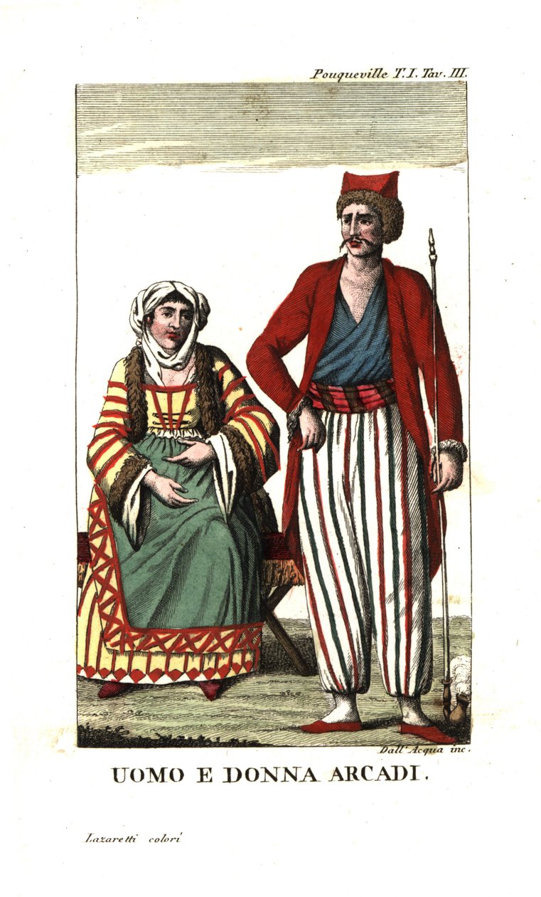 Hombre y mujer de Arcadia, Peloponeso, Grecia. Ilustración de los Viajes de François Pouqueville por More, Albania y otras partes del Imperio Otomano. de Unbekannter Künstler
