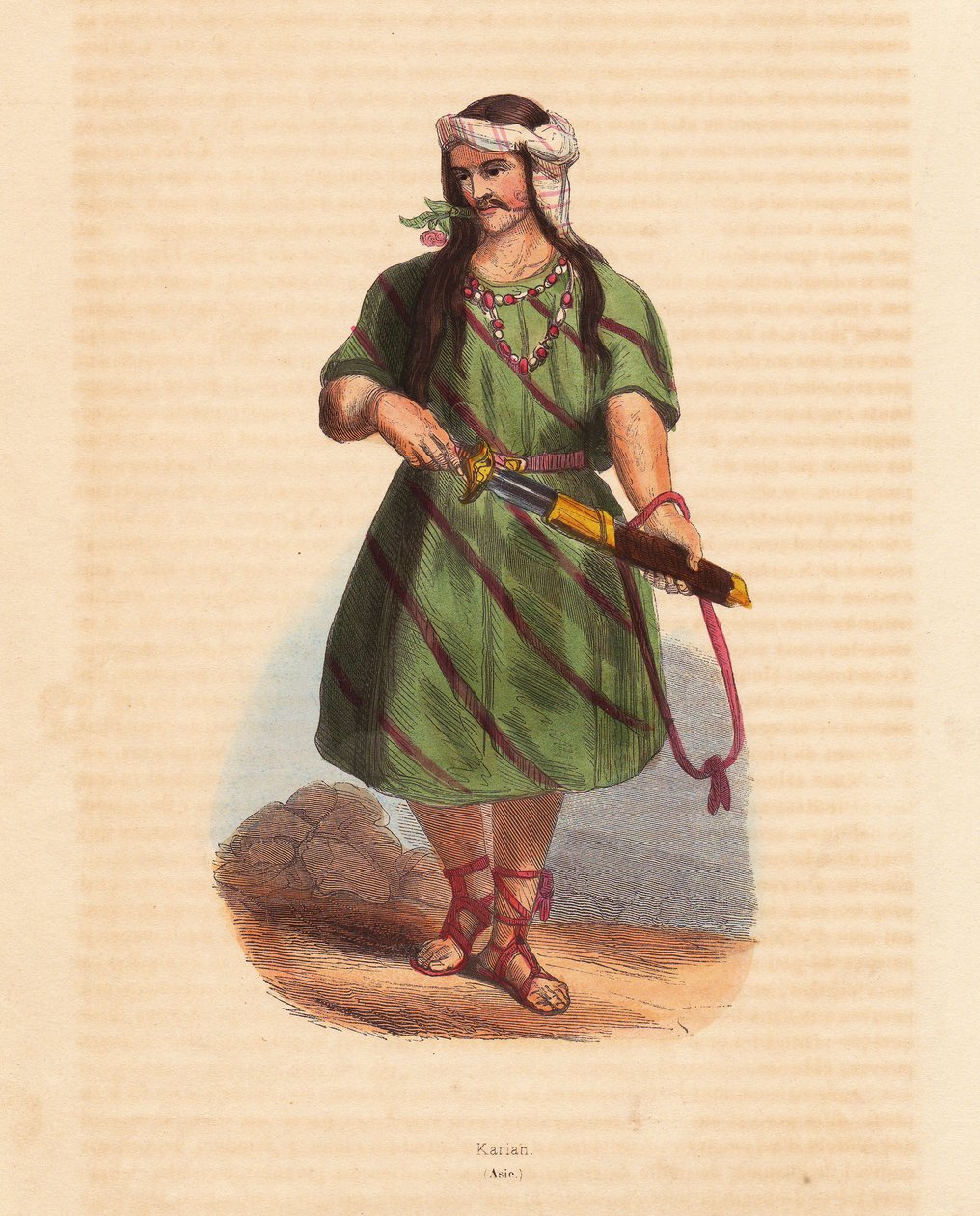 Hombre de la tribu Karen (Karene o Karyang) (Birmania, Myanmar) - Hombre de la tribu Karen (Karian) del sur de Birmania - xilografía coloreada a mano de "Mores, Uses et Costumes de tous les Peoples du Monde, Asia", de Auguste Wahlen, seudónimo de Jean Fran de Unbekannter Künstler