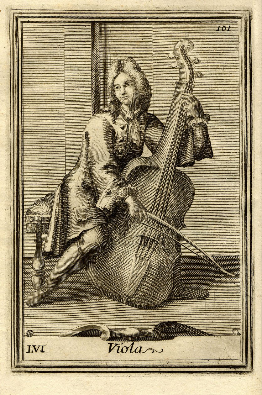 Hombre tocando el violonchelo (o "Viola"). En el "Gabinetto Armonico" de Filippo Bonanni, Roma. de Unbekannter Künstler