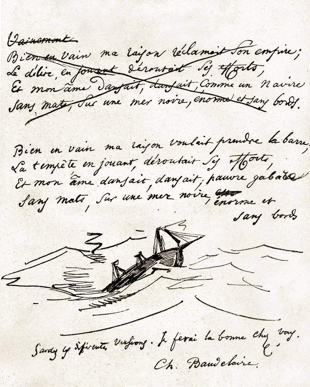 Manuscrito de Charles Baudelaire, ilustrado con el dibujo de un barco de Unbekannter Künstler