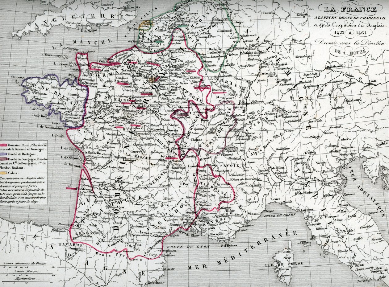 Mapa de Francia en tiempos del rey Carlos VII y tras la expulsión de los ingleses entre 1422 y 1461 (Mapa de Francia en tiempos del rey Carlos VII) Lámina del "Atlas Universel" de Houze de Unbekannter Künstler
