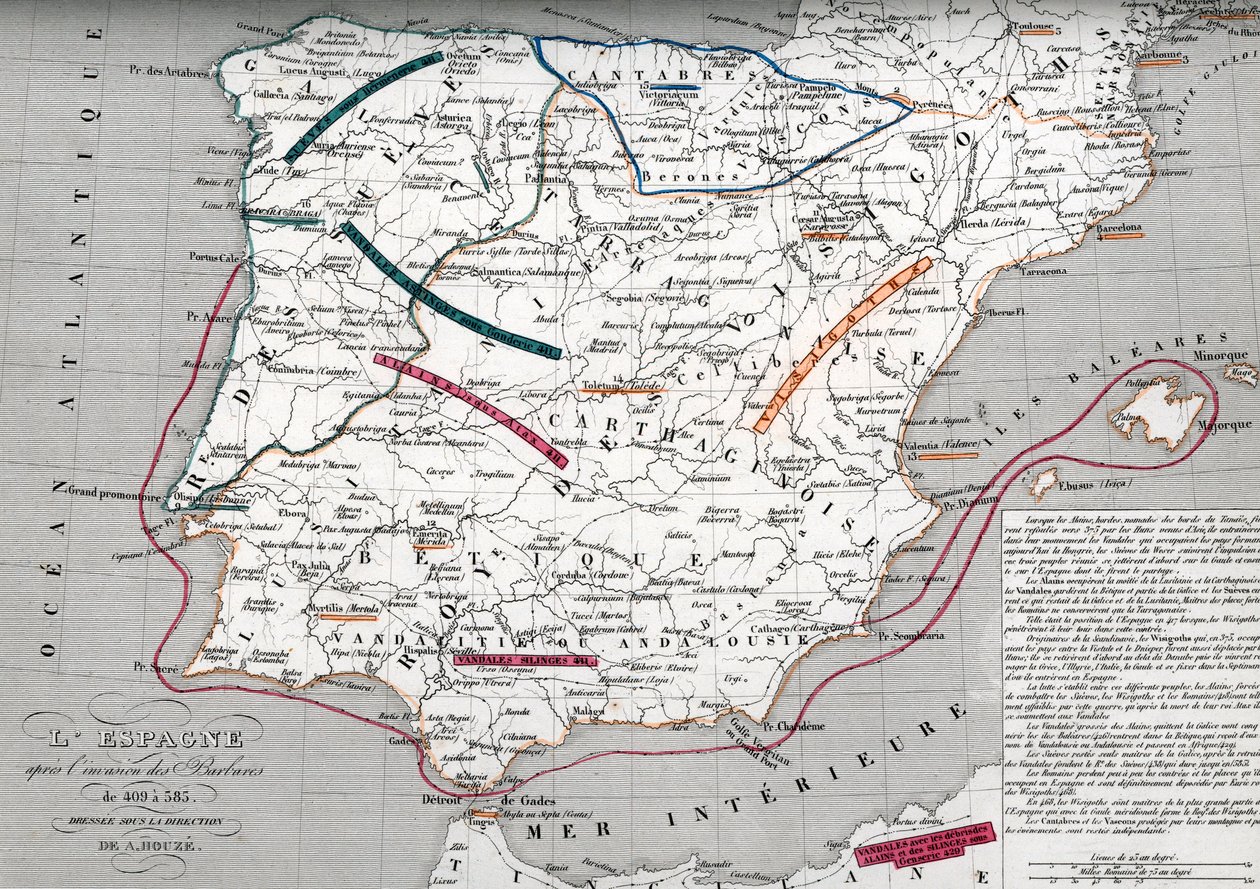 Mapa de España en tiempos de la Hispania germánica, 409-585 (Mapa de España en tiempos de la Hispania germánica) Grabado del "Atlas Universel" de Houze de Unbekannter Künstler