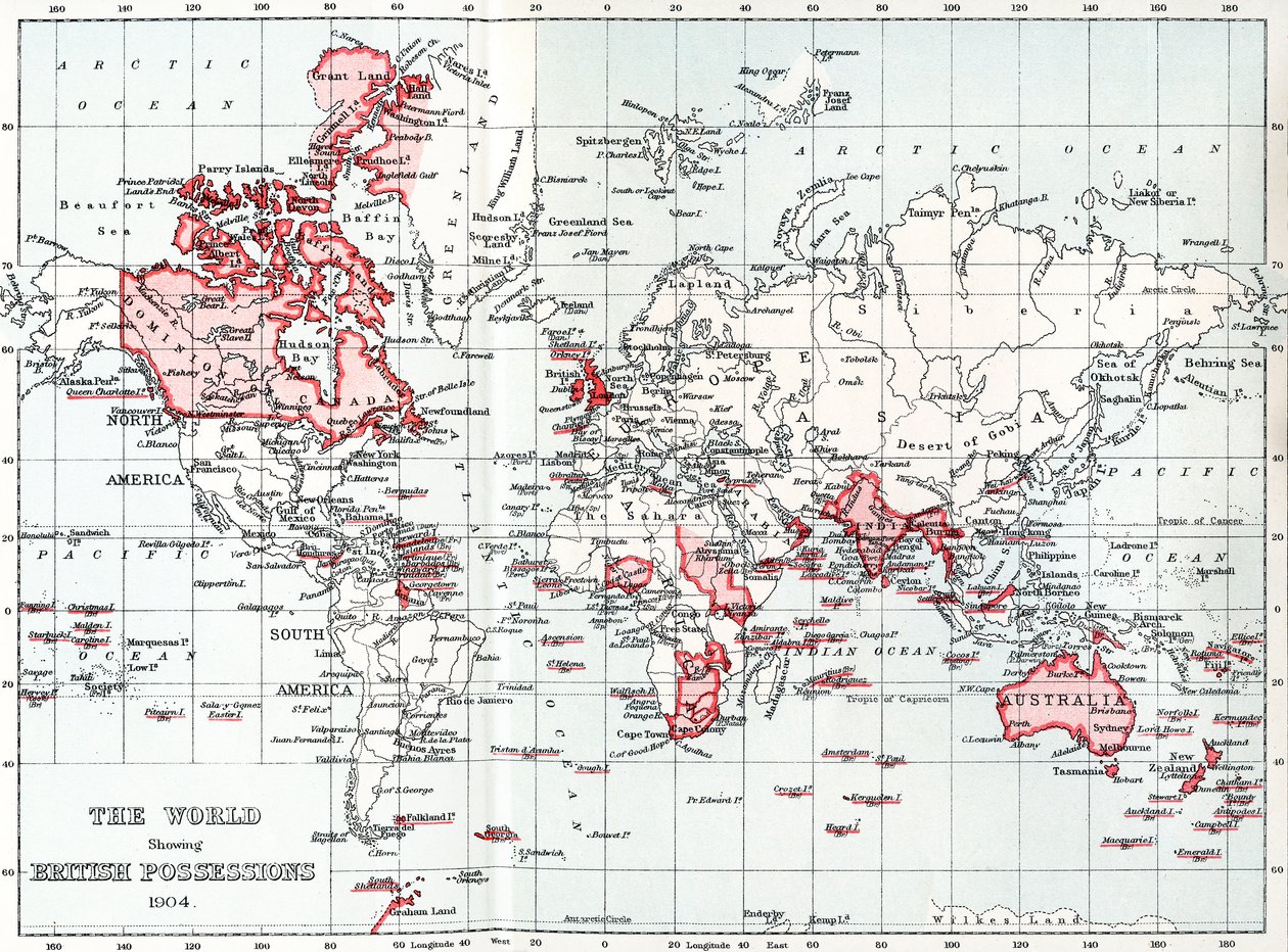 Mapa del mundo que muestra las posesiones británicas en 1904 de Unbekannt